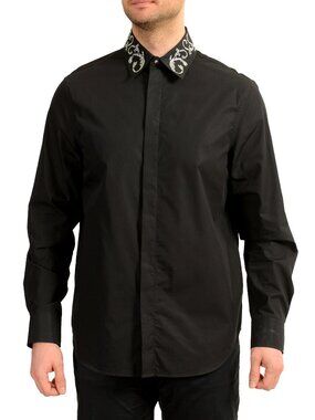 Versace Men's Black & Silver Collar Embellishments Long Sleeve Shirt US L IT 52
